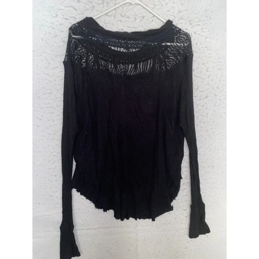 Free People Spring Valley Thermal Top Black Lace Yoke Womens M Long Sleeve